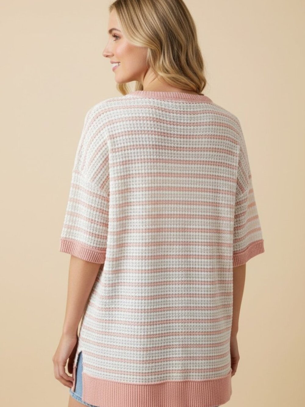 B119 Striped Knit Short Sleeve top in Pink NEW - Picture 2 of 2